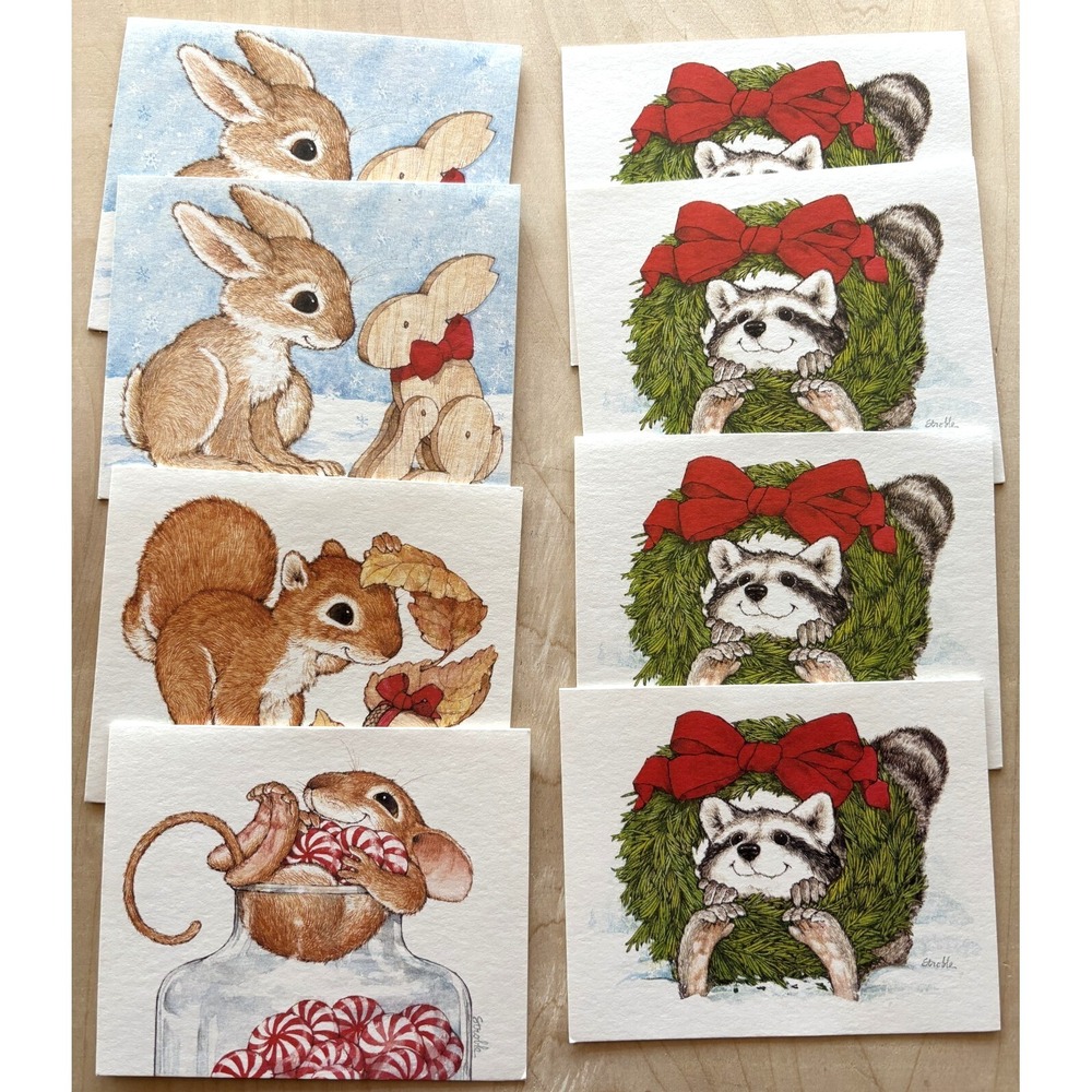 Vtg 1984 Current Christmas Critters Note Cards LOT of 8 Mouse Bunny Raccoon
